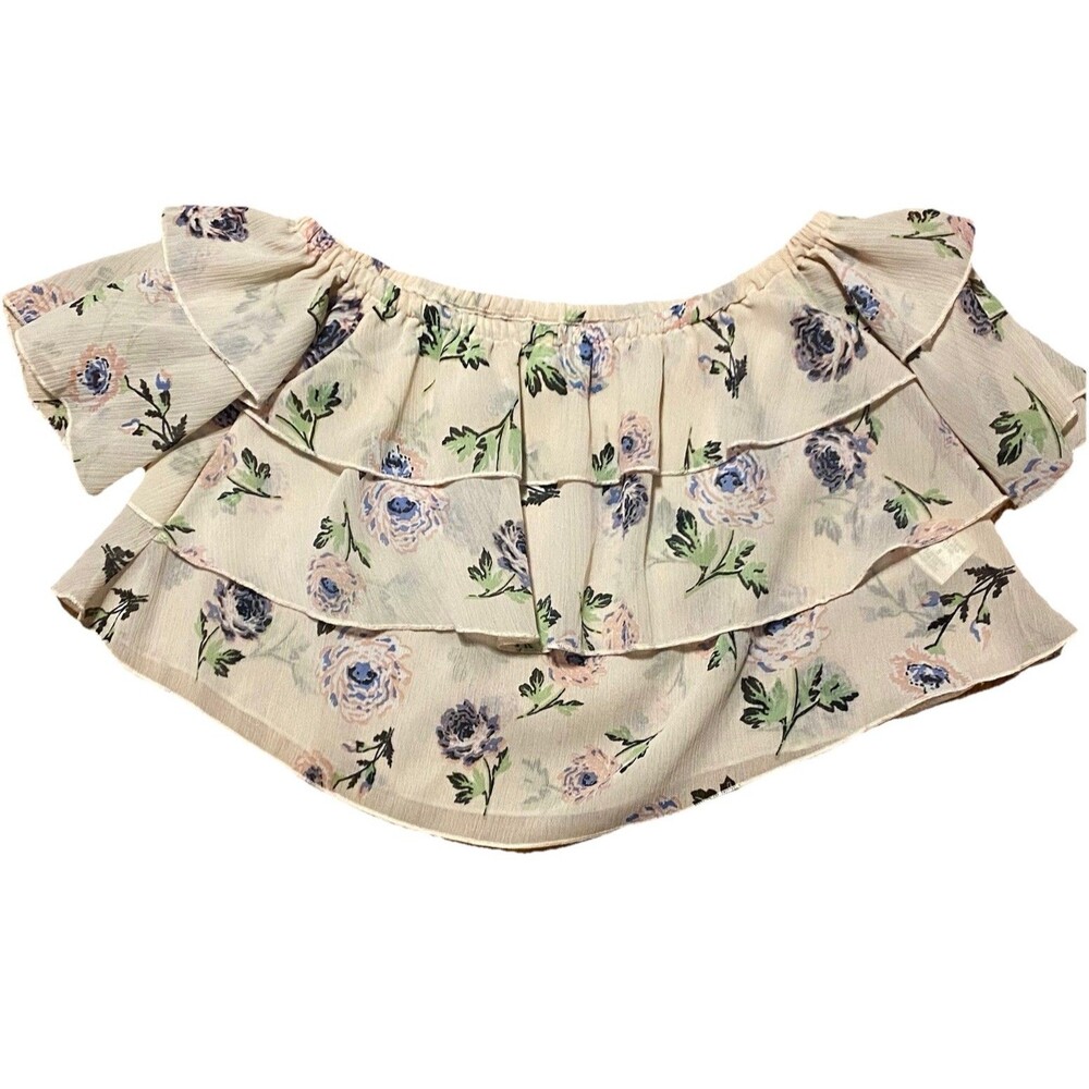 Truth NYC Off Shoulder Tiered Ruffle Floral Crop Top Blouse Flirty Coquette S